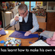 An image of Rowan at home with yards of fabric and the caption, "Rowan has learnt how to make his own waistcoats"